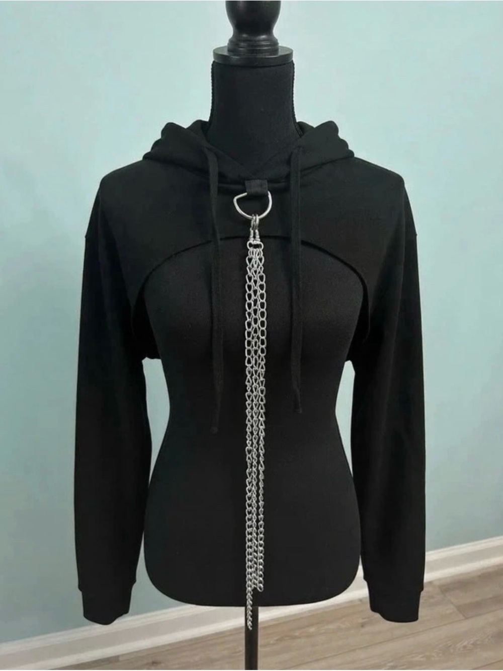 H&M Black Hooded Crop Top with Silver Chain Accent
